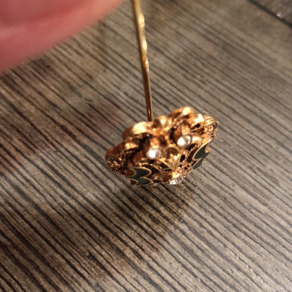 Vintage FLORENZA Stick Pin brooch Green Enamel & Rhinestones - Picture 12 of 16